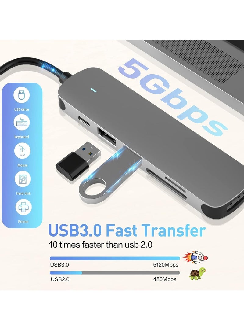 ELTRAZONE محور USB C 6 في 1 مع USB 3.0، 4K HDMI، USB C PD، قارئ بطاقات SD/TF – محطة إرساء لجهاز MacBook Pro، MacBook Air وأجهزة Type-C الأخرى – محور التوسع النهائي - Image 3