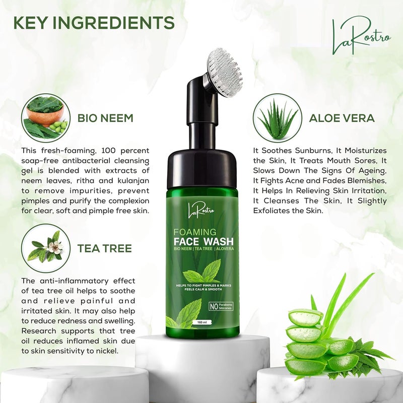 La Rostro Foaming Face Wash I Bio Neem I Tea Tree I Aloe Vera Foaming Face Wash With BuiltIn Face Brush Acne Face Wash No Parabens Silicon 160ml Pack of 2 - Image 3