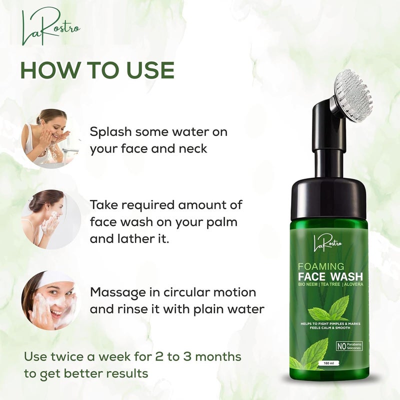 La Rostro Foaming Face Wash I Bio Neem I Tea Tree I Aloe Vera Foaming Face Wash With BuiltIn Face Brush Acne Face Wash No Parabens Silicon 160ml Pack of 2 - Image 4