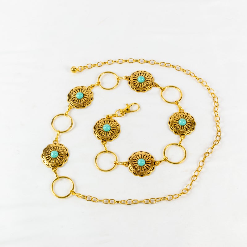 The Black Pearl Accessories Golden Turquoise Stone Metal Waist Belt For Her - Image 1