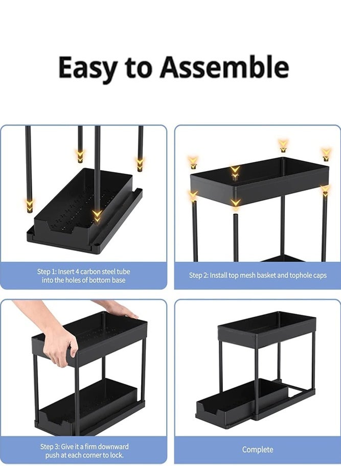 2-Tier Under Sink Organizer with Sliding Drawer, Hooks, and Hanging Cup - Kitchen and Bathroom Cabinet Storage for Efficient Space Utilization