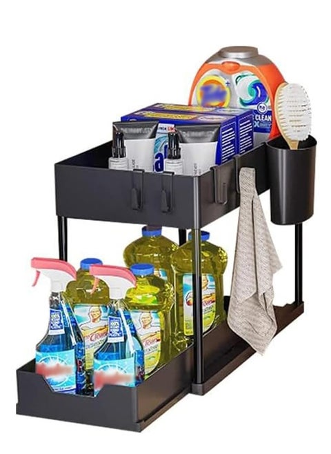 2-Tier Under Sink Organizer with Sliding Drawer, Hooks, and Hanging Cup - Kitchen and Bathroom Cabinet Storage for Efficient Space Utilization