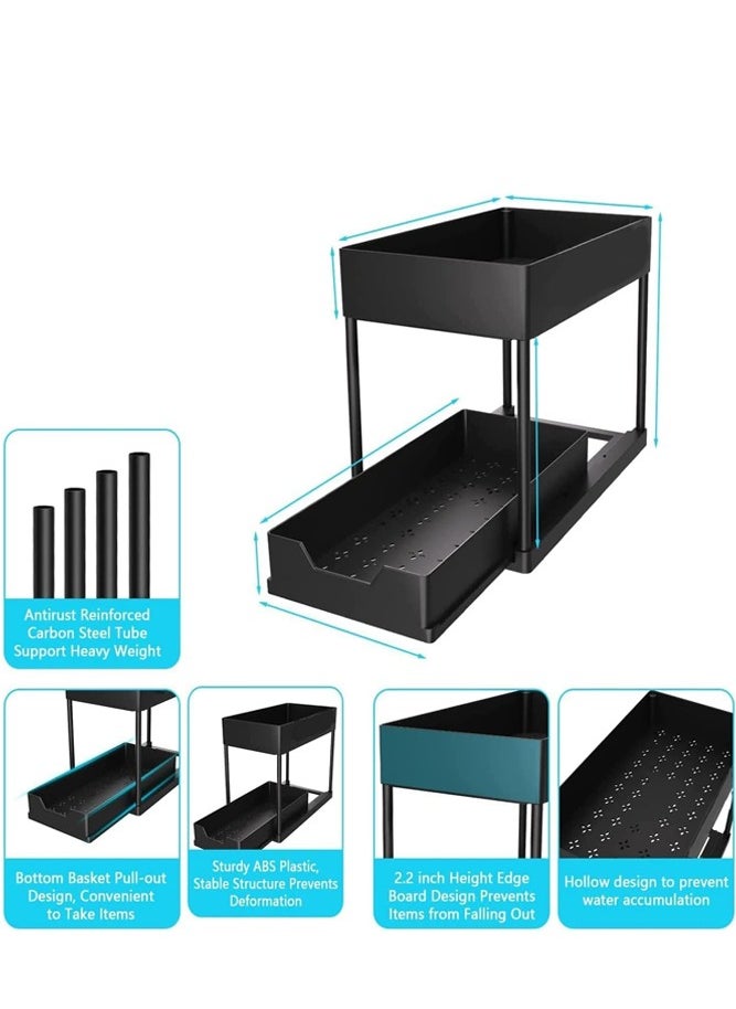 2-Tier Under Sink Organizer with Sliding Drawer, Hooks, and Hanging Cup - Kitchen and Bathroom Cabinet Storage for Efficient Space Utilization