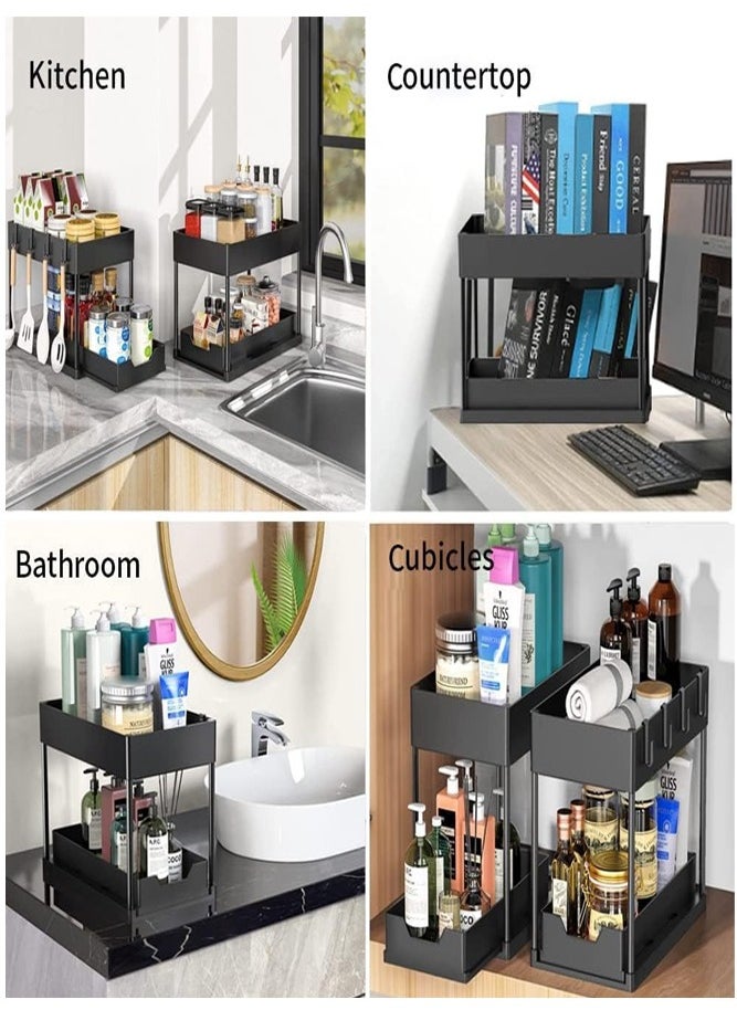 2-Tier Under Sink Organizer with Sliding Drawer, Hooks, and Hanging Cup - Kitchen and Bathroom Cabinet Storage for Efficient Space Utilization