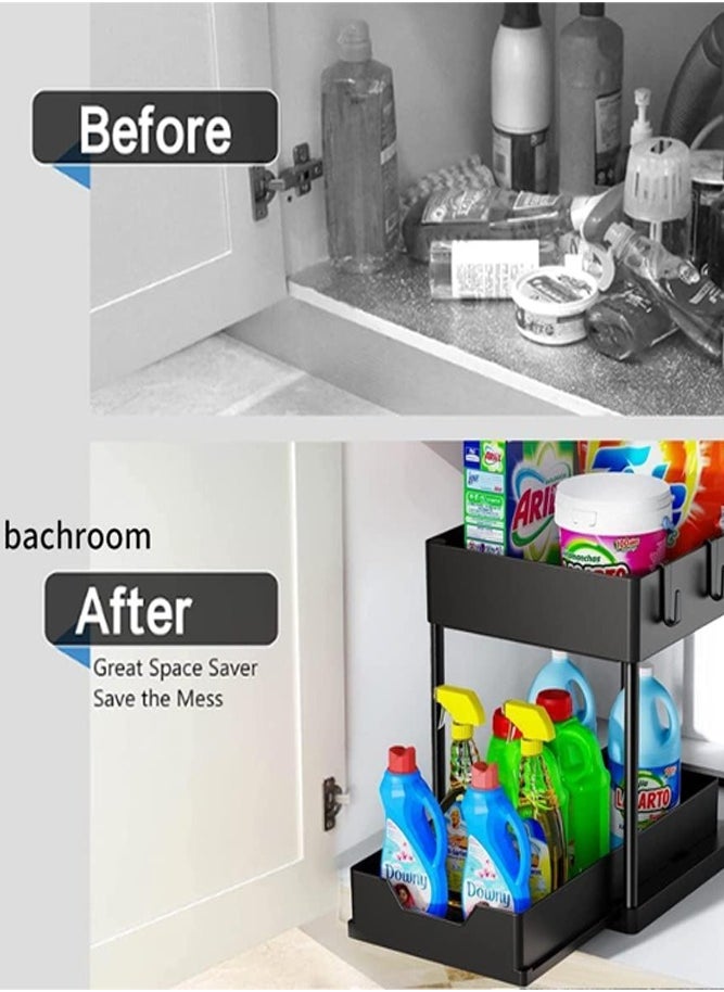 2-Tier Under Sink Organizer with Sliding Drawer, Hooks, and Hanging Cup - Kitchen and Bathroom Cabinet Storage for Efficient Space Utilization