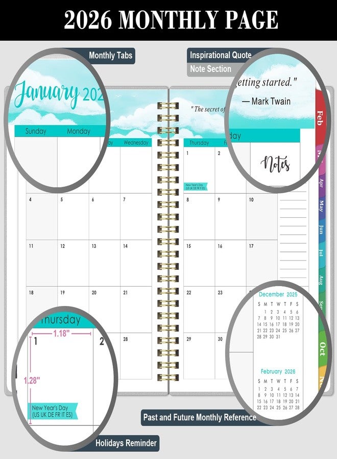 ترسيز مخطط عام 2026 - من يناير 2026 إلى ديسمبر 2026، مخطط يومي وأسبوعي وشهري، مقاس 6.3 × 8.4 بوصة، مخطط تقويم 2026 بغلاف شفاف من البولي بروبيلين، فواصل شهرية ملونة، جيب خلفي - Image 3