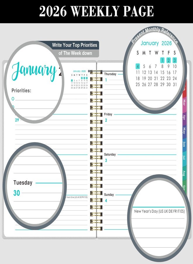 ترسيز مخطط عام 2026 - من يناير 2026 إلى ديسمبر 2026، مخطط يومي وأسبوعي وشهري، مقاس 6.3 × 8.4 بوصة، مخطط تقويم 2026 بغلاف شفاف من البولي بروبيلين، فواصل شهرية ملونة، جيب خلفي - Image 4