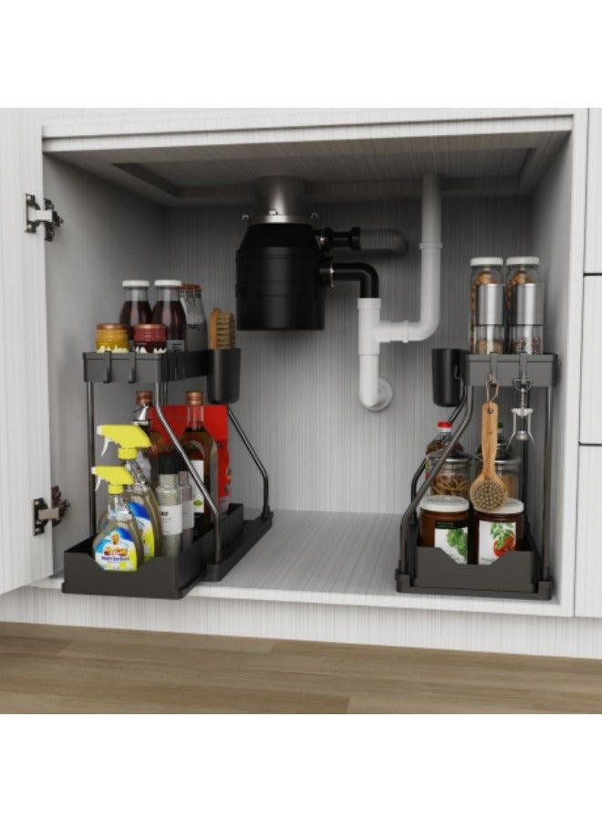 GGEROU 1-Piece Pull-out Double-layer Storage Rack Under Sink, Countertop Spice Rack, Seasoning Storage Rack, Kitchen Rack, 2-layer Sliding Multi-functional Seasoning Storage Holder, Black  - Image 2