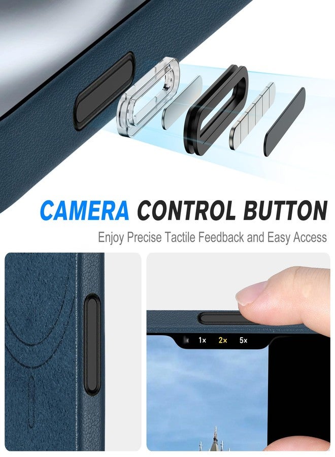 SHIELDON Genuine Leather Case for iPhone 16 6.1", [Anti-Slip][Anti-Scratch][Magnetic Wireless Charging] Shockproof Protective Slim Cover with Metal Buttons Compatible with iPhone 16 - Navy Blue - Image 4