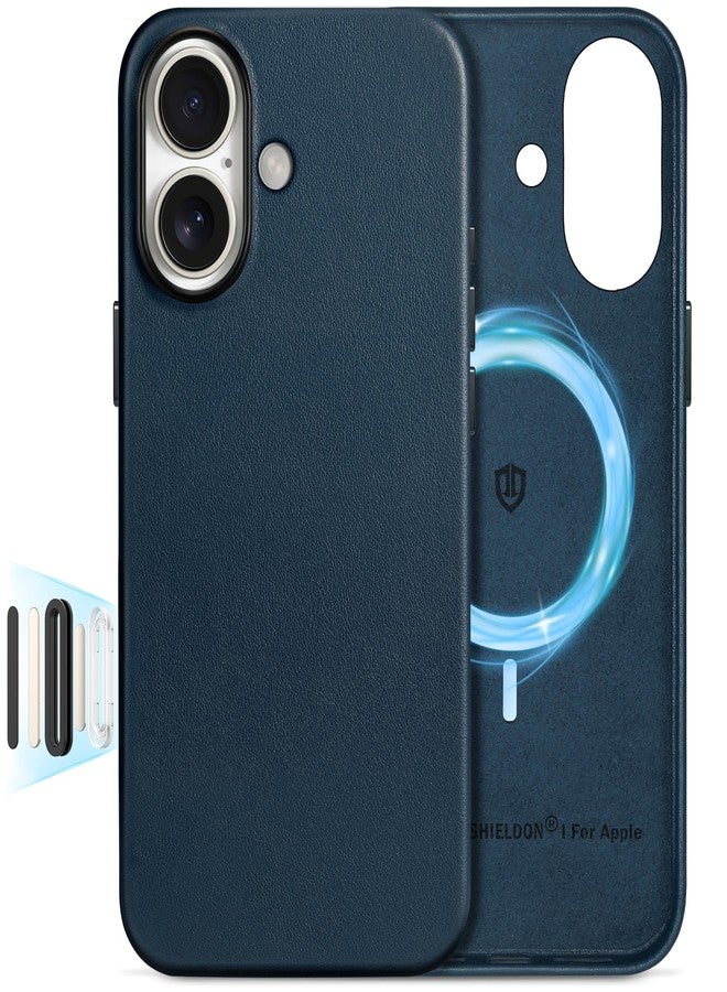 SHIELDON Genuine Leather Case for iPhone 16 6.1", [Anti-Slip][Anti-Scratch][Magnetic Wireless Charging] Shockproof Protective Slim Cover with Metal Buttons Compatible with iPhone 16 - Navy Blue - Image 1