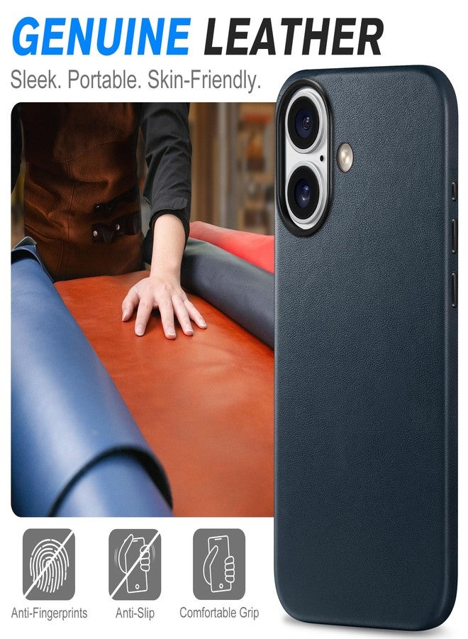 SHIELDON Genuine Leather Case for iPhone 16 6.1", [Anti-Slip][Anti-Scratch][Magnetic Wireless Charging] Shockproof Protective Slim Cover with Metal Buttons Compatible with iPhone 16 - Navy Blue - Image 3