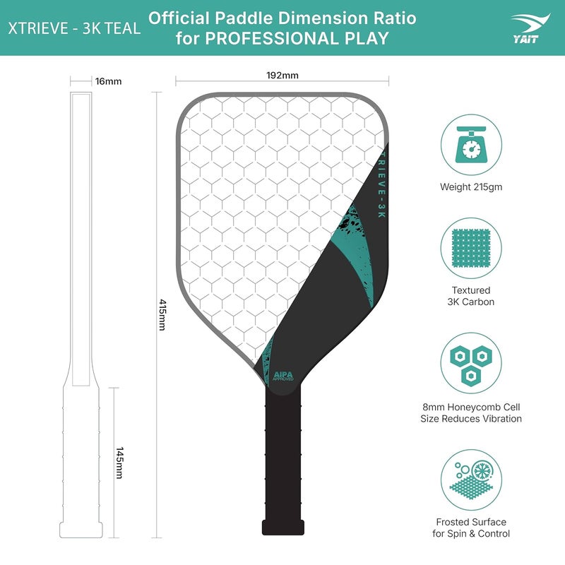 YAIT Sports Xtrieve-3K Pickle ball Racket | 16mm 3K Carbon Fiber Surface (T700) | Dense 8 mm PP Core | Max Power & Top Spin | AIPA Approved Pickleball Paddle of USAPA Standards - Teal | Cover Included - Image 5