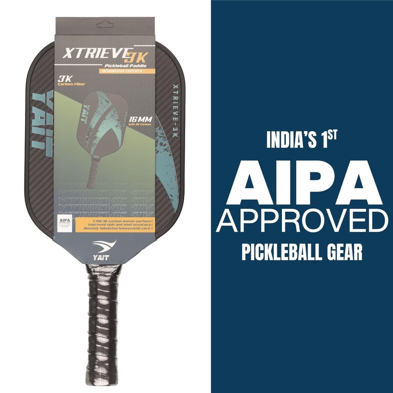 YAIT Sports Xtrieve-3K Pickle ball Racket | 16mm 3K Carbon Fiber Surface (T700) | Dense 8 mm PP Core | Max Power & Top Spin | AIPA Approved Pickleball Paddle of USAPA Standards - Teal | Cover Included - Image 2