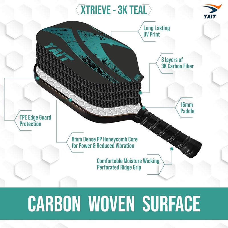 YAIT Sports Xtrieve-3K Pickle ball Racket | 16mm 3K Carbon Fiber Surface (T700) | Dense 8 mm PP Core | Max Power & Top Spin | AIPA Approved Pickleball Paddle of USAPA Standards - Teal | Cover Included - Image 3