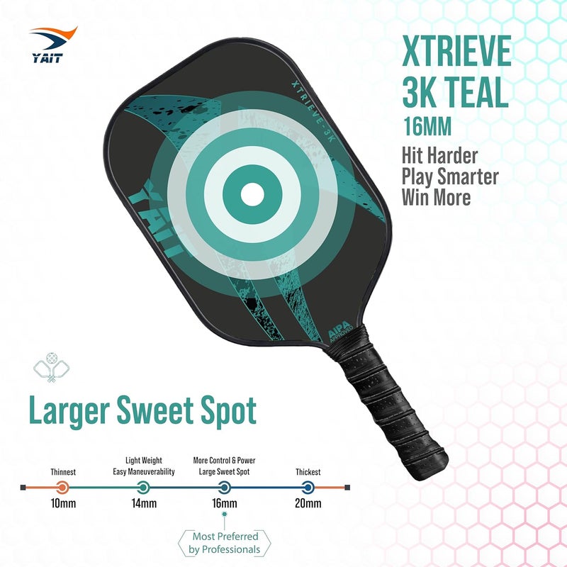 YAIT Sports Xtrieve-3K Pickle ball Racket | 16mm 3K Carbon Fiber Surface (T700) | Dense 8 mm PP Core | Max Power & Top Spin | AIPA Approved Pickleball Paddle of USAPA Standards - Teal | Cover Included - Image 4