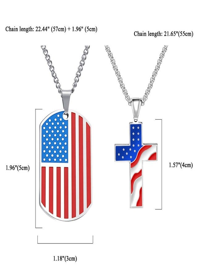 Cupimatch 2pcs American USA Flag Patriotic Cross Dog Tag Pendant Necklace Set Stainless Steel Stars and Stripes Necklace 22" Chain Jewelry - Image 3