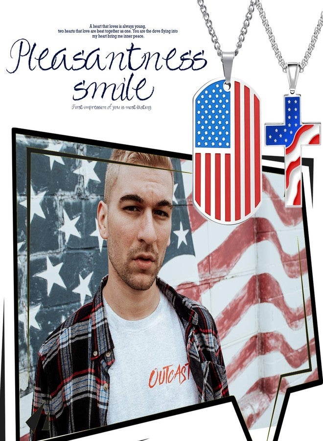 Cupimatch 2pcs American USA Flag Patriotic Cross Dog Tag Pendant Necklace Set Stainless Steel Stars and Stripes Necklace 22" Chain Jewelry - Image 2