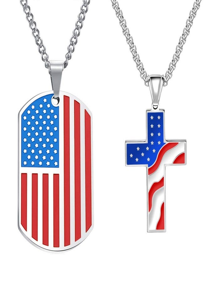 Cupimatch 2pcs American USA Flag Patriotic Cross Dog Tag Pendant Necklace Set Stainless Steel Stars and Stripes Necklace 22" Chain Jewelry - Image 1