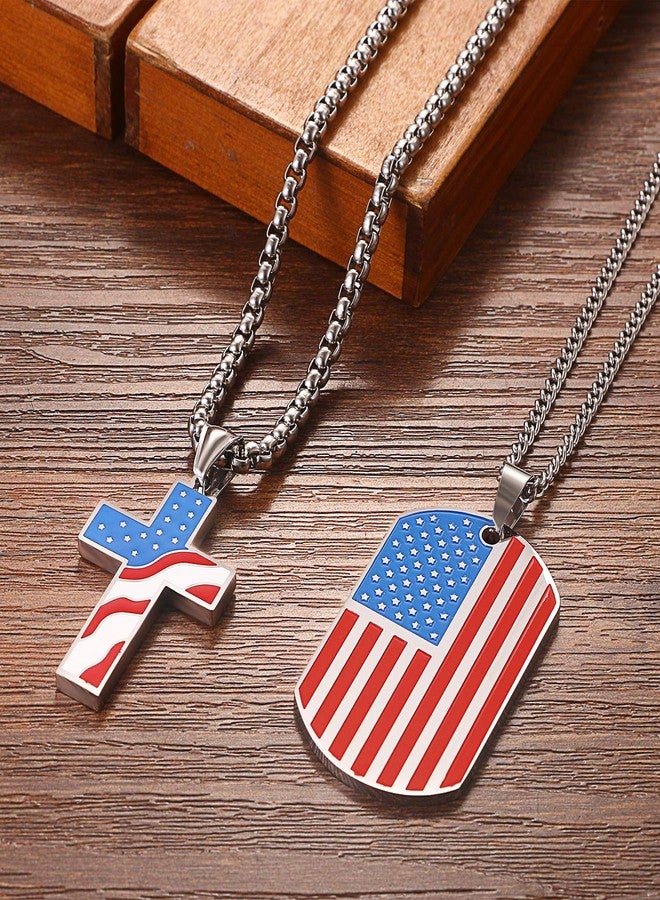 Cupimatch 2pcs American USA Flag Patriotic Cross Dog Tag Pendant Necklace Set Stainless Steel Stars and Stripes Necklace 22" Chain Jewelry - Image 4