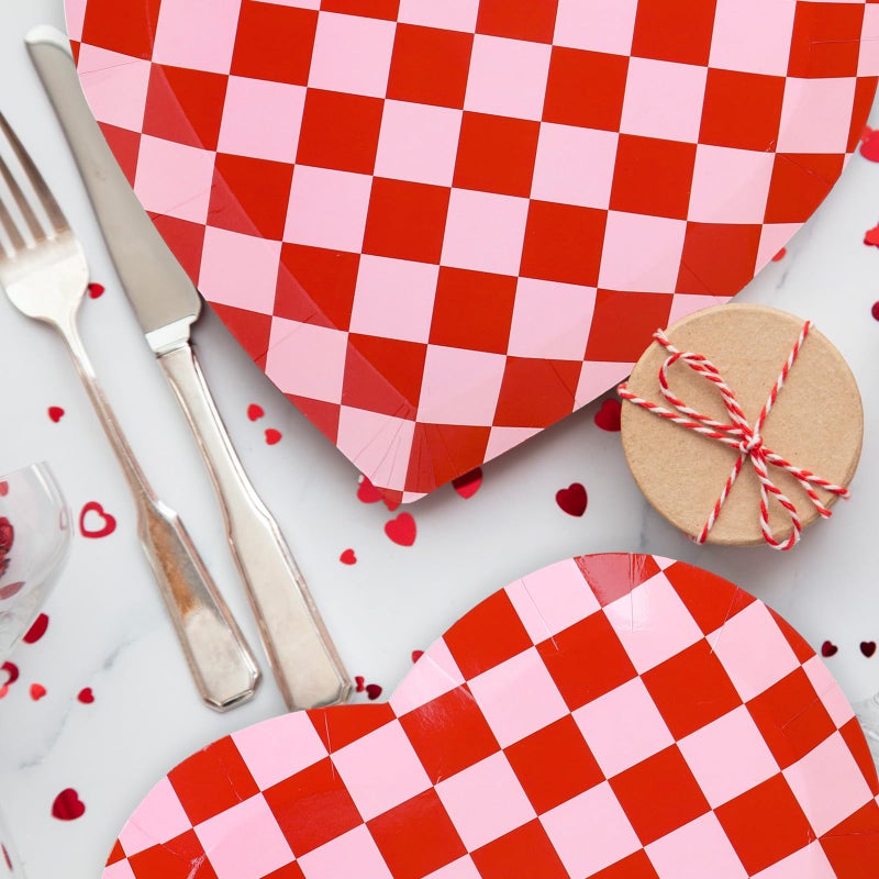 Whaline 40Pcs Valentine's Day Paper Plates Plaid Love Heart Shape Disposable Plates Red Pink Checkered Heart Party Tableware for Wedding Anniversary Table Supplies - Image 4