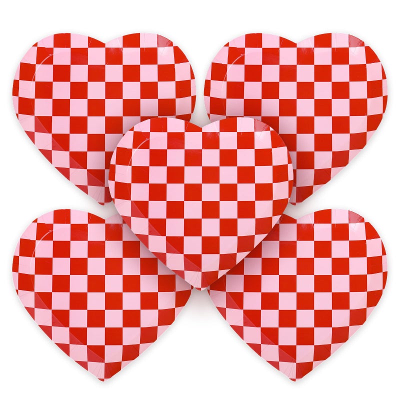 Whaline 40Pcs Valentine's Day Paper Plates Plaid Love Heart Shape Disposable Plates Red Pink Checkered Heart Party Tableware for Wedding Anniversary Table Supplies - Image 1