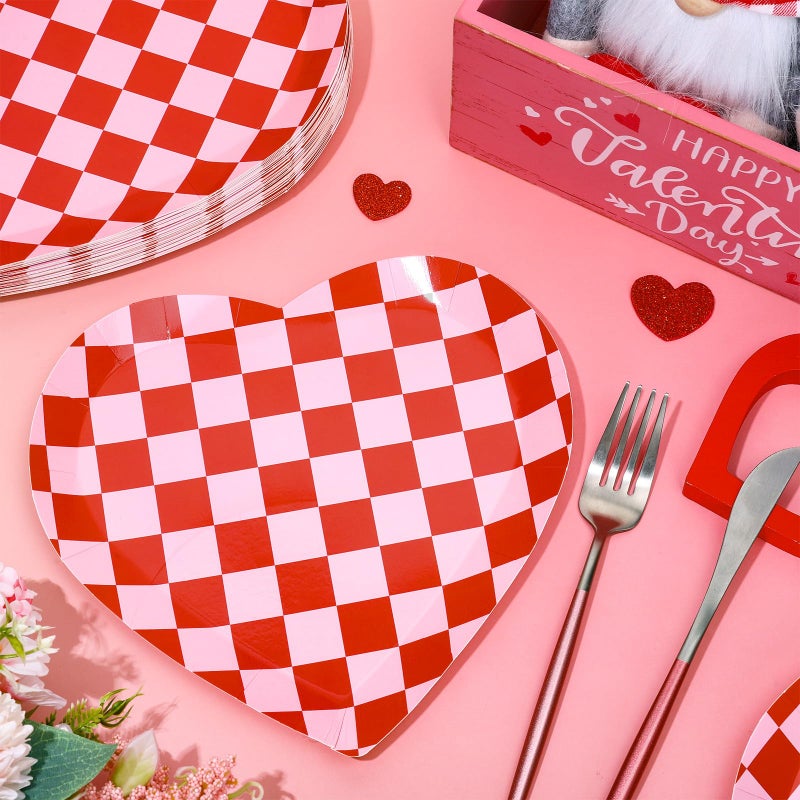 Whaline 40Pcs Valentine's Day Paper Plates Plaid Love Heart Shape Disposable Plates Red Pink Checkered Heart Party Tableware for Wedding Anniversary Table Supplies - Image 3