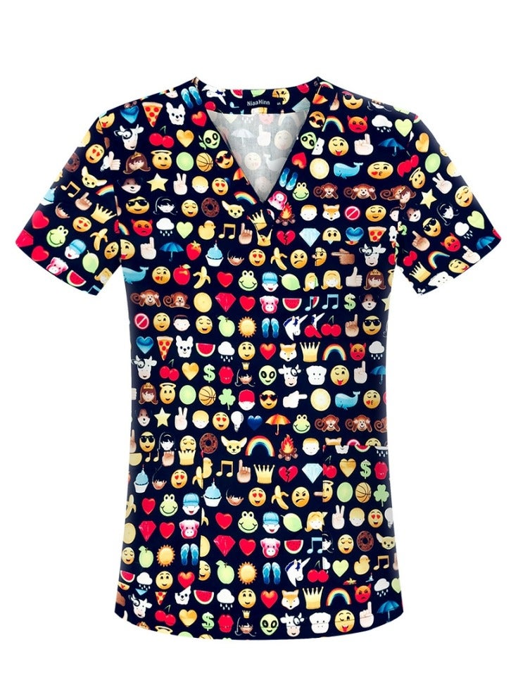 Loquat Cartoon Printed V-Neck Medical Uniform Scrubs Top Comfty Soft Workwear
