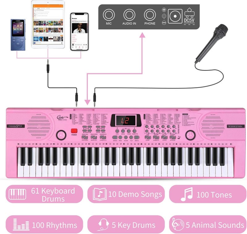 Hricane Piano Keyboard, 61 Keys Beginner Electronic Keyboard Portable Digital Music Keyboard, Early Education Music Instrument with Microphone & Music Sheet Stand - Image 3