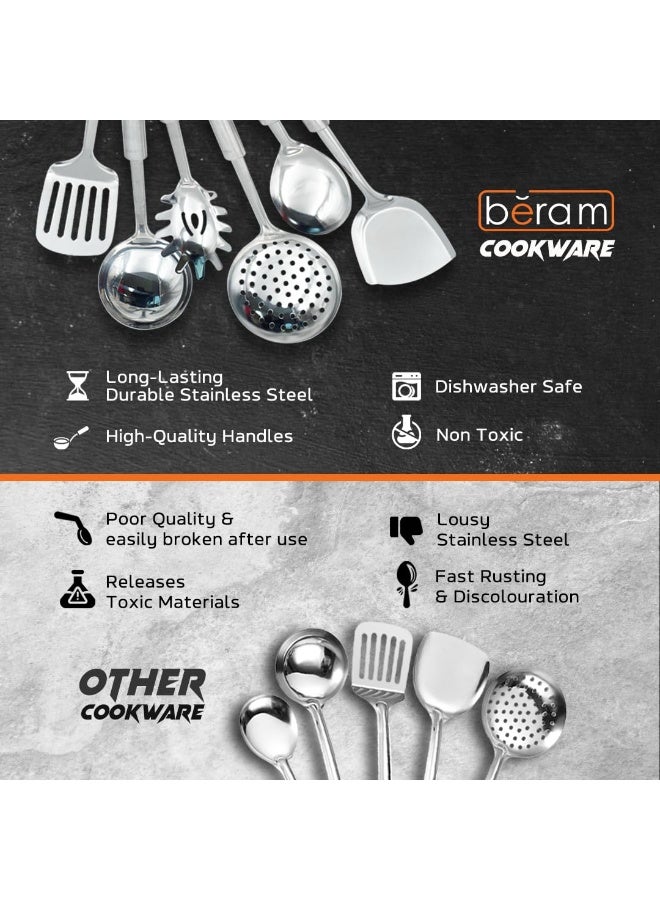 بيرام ممجموعة أدوات طهي من الستانلس ستيل من بيرام، مكونة من 6 قطع، مقابض بتصميم ورقة البرسيم، تشمل ملعقة مسطحة، مقلب، مغرفة أرز، ملعقة معكرونة، مصفاة، مغرفة شوربة – أدوات مطبخ للاستخدام اليومي - Image 3