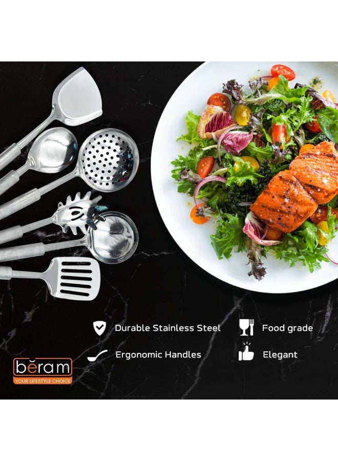 بيرام ممجموعة أدوات طهي من الستانلس ستيل من بيرام، مكونة من 6 قطع، مقابض بتصميم ورقة البرسيم، تشمل ملعقة مسطحة، مقلب، مغرفة أرز، ملعقة معكرونة، مصفاة، مغرفة شوربة – أدوات مطبخ للاستخدام اليومي - Image 4