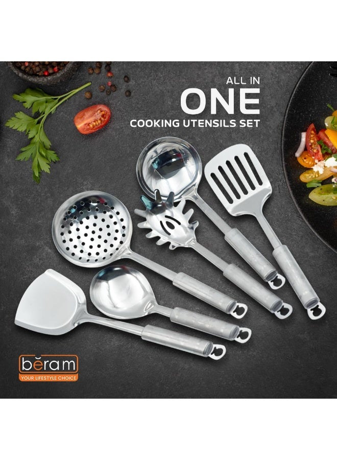بيرام ممجموعة أدوات طهي من الستانلس ستيل من بيرام، مكونة من 6 قطع، مقابض بتصميم ورقة البرسيم، تشمل ملعقة مسطحة، مقلب، مغرفة أرز، ملعقة معكرونة، مصفاة، مغرفة شوربة – أدوات مطبخ للاستخدام اليومي - Image 5
