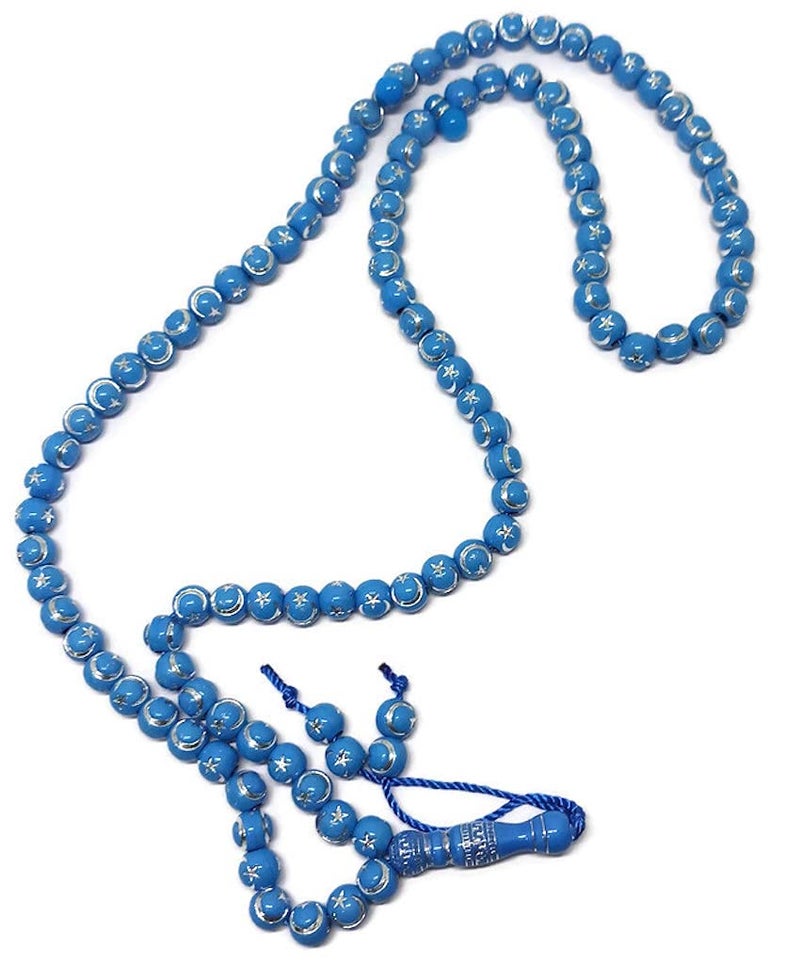 AlAmeen Muslim Gift Muslim Tasbih 99 Beads AMN238 Islam Prayer Rosary with Moon Star Engraved on Islamic Religious Eid Ramadan Gift Blue