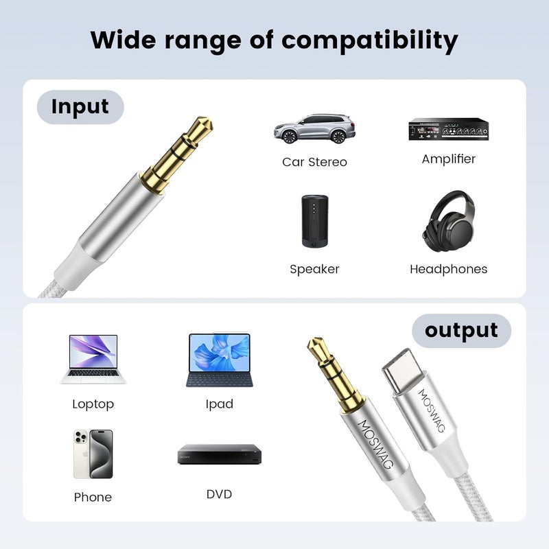 MOSWAG AUX Cable 3.28FT/1M Auxiliary Cable 3.5mm AUX Cord Male to Male Audio Stereo Cord Type C to 3.5mm Headphone Stereo Car Cord Compatible for Headphones,Car,Home Stereos,Speaker,Echo - Image 2