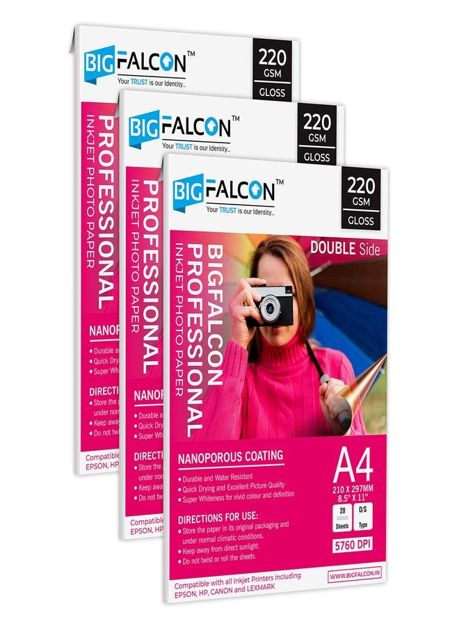 BIGFALCON Professional A4 (8.5x11 inch) 220 GSM Double Sided Glossy Inkjet Photo Paper Premium Dual Sided Printing for Stunning Photos (Set of 3-60 Sheets) - Image 1