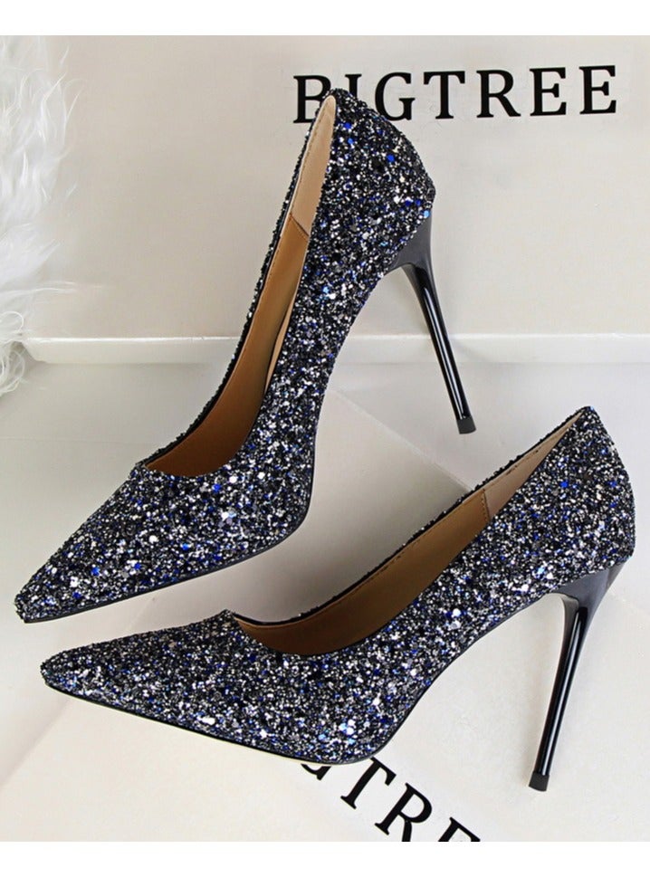 BIGTREE 10CM European-Style Women's Shallow Mouth Pointy Glitter Slim Heels Blue 
