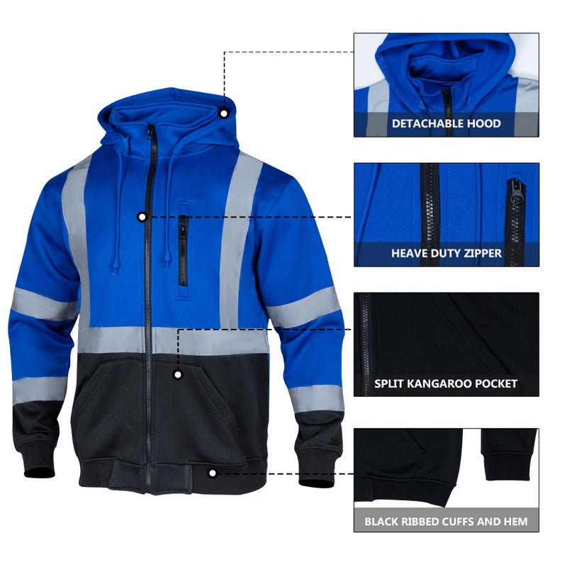 VENDACE High Visibility ANSI Class 1 Reflective Safety Fleece Sweatshirt Hoodie for Men with Detachable Hood(Royal blue,XL) - Image 4