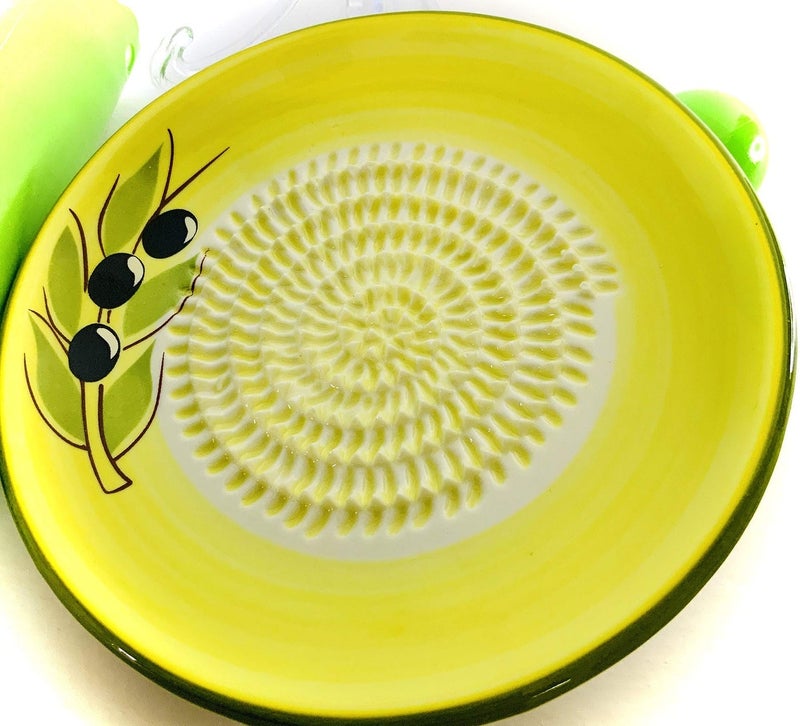 BonCera, All-in-one premium Ceramic Garlic Grater Plate 4-Piece Set - Yellow Olive Design, Classic Style - For Garlic, Ginger, Chocolate, and more! - Comes with 5.25" Plate, Peeler, Brush, and Stand - Image 1