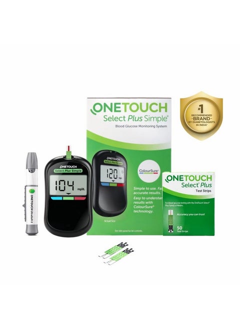 Select Plus Simple Glucometer Value-Pack (Free:10 Test Strips + 10 Lancets + 1 Lancing Device) With Pack Of 50 Strips
