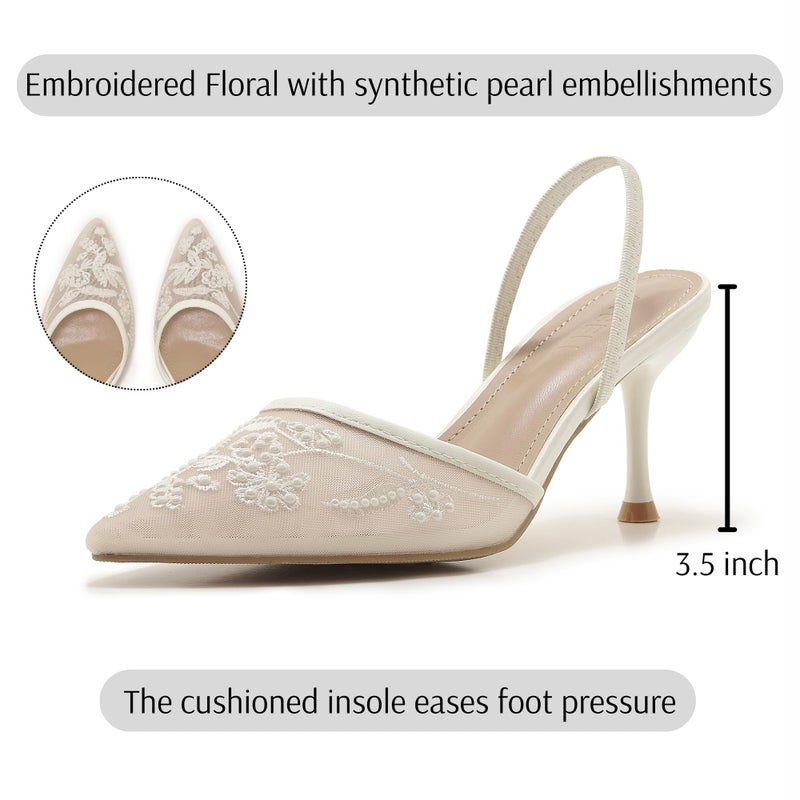 ATBELL Embroidered Mesh Slingback Heels for Women White Pearl Kitten Heel Pumps Pointed Toe Backless Wedding Shoes White Size 7 - Image 4