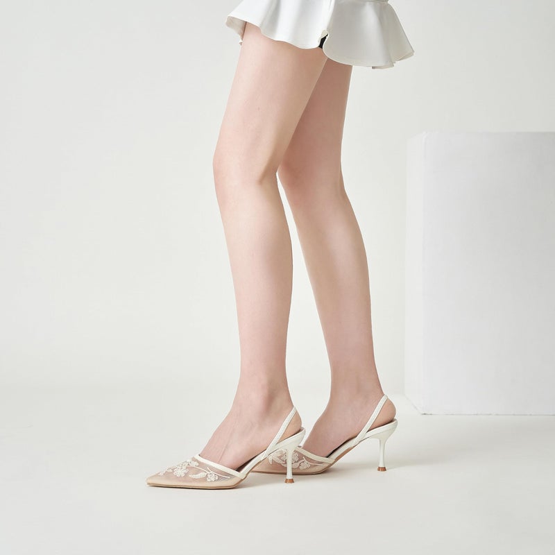 ATBELL Embroidered Mesh Slingback Heels for Women White Pearl Kitten Heel Pumps Pointed Toe Backless Wedding Shoes White Size 7 - Image 3