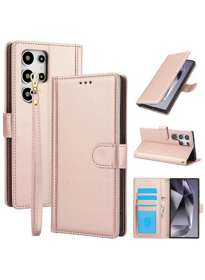 The Bros Case For Samsung Galaxy S25 Ultra 5G Skin Feel Pure Color Card Slots Leather Phone Case with Dual Lanyard
