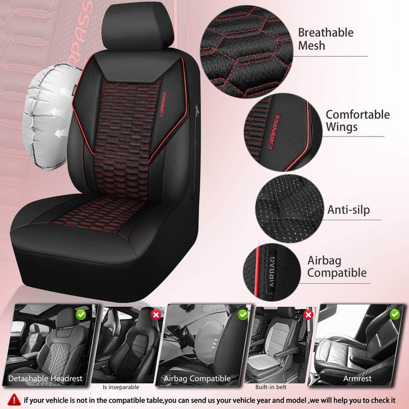 CAR PASS 3D Foam Mesh Leather Car Seat Covers Front Seats, Air Cool Mesh Front Seat Covers for Car, Universal Fit for SUV Truck Sedan Automotive, Armrest Airbag Compatible,Black and Red - Image 3