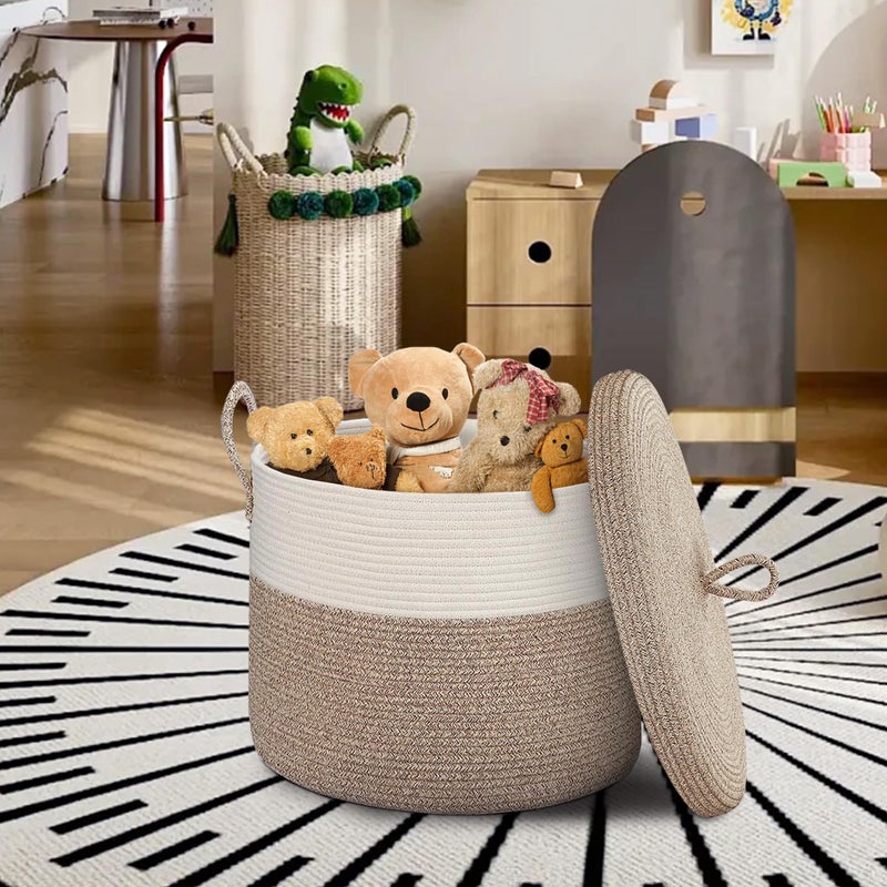 HONCESTA 18" X18â€œ X 14" Large Storage Basket with Lid, Blanket Basket Living Room, Woven Cotton Rope Storage Box, Lidded Kids Dog Toy Bin, Wicker Laundry Basket, Blankets Pillows Organizer Holder - Image 3