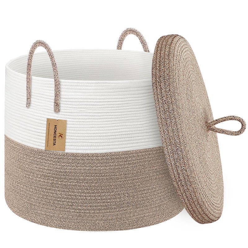 HONCESTA 18" X18â€œ X 14" Large Storage Basket with Lid, Blanket Basket Living Room, Woven Cotton Rope Storage Box, Lidded Kids Dog Toy Bin, Wicker Laundry Basket, Blankets Pillows Organizer Holder - Image 1