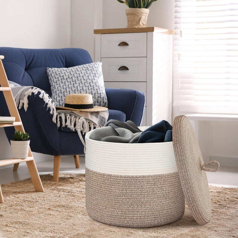 HONCESTA 18" X18â€œ X 14" Large Storage Basket with Lid, Blanket Basket Living Room, Woven Cotton Rope Storage Box, Lidded Kids Dog Toy Bin, Wicker Laundry Basket, Blankets Pillows Organizer Holder - Image 5