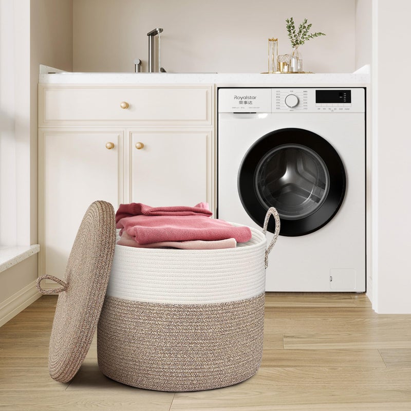 HONCESTA 18" X18â€œ X 14" Large Storage Basket with Lid, Blanket Basket Living Room, Woven Cotton Rope Storage Box, Lidded Kids Dog Toy Bin, Wicker Laundry Basket, Blankets Pillows Organizer Holder - Image 4