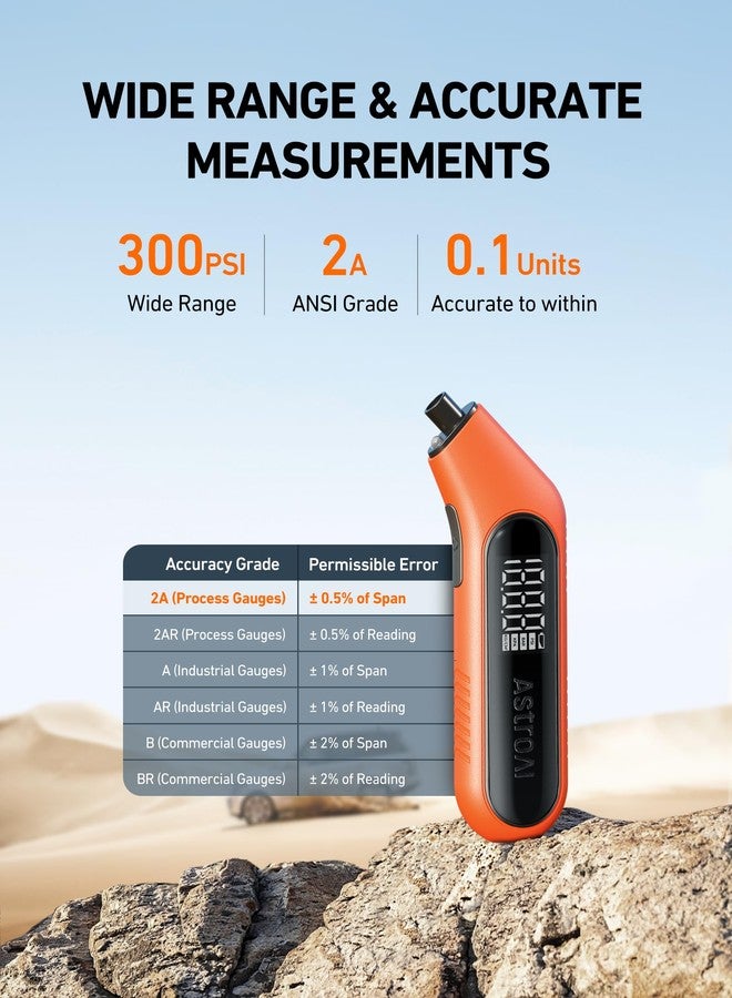 أسترواي مقياس ضغط الإطارات الرقمي AstroAI، 300 رطل لكل بوصة مربعة (20 بار)، شاشة LCD بإضاءة خلفية ومصباح يدوي - Image 2