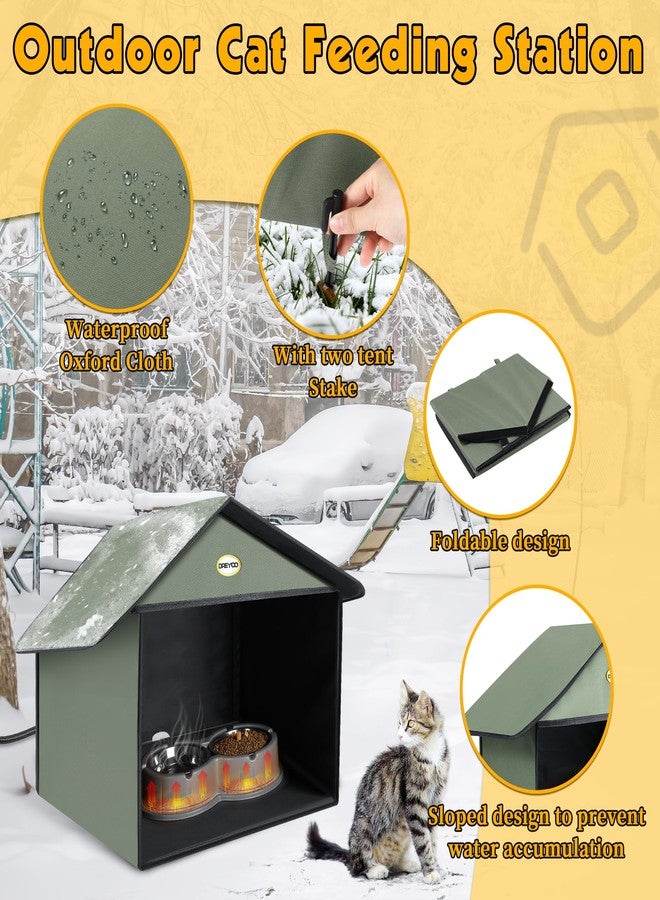Dreyoo محطة تغذية خارجية للقطط من دريو مع وعاء ماء مُدفأ، غرفة طعام خارجية مقاومة للعوامل الجوية للقطط مع وعاء مُدفأ للحيوانات الأليفة للطعام والماء، محطة تغذية للقطط الضالة ومأوى للقطط (رمادي) - Image 2