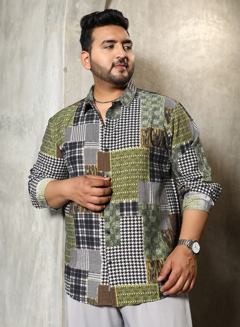 انستافاب بلس قميص رجالي مقاس كبير بنقشة كلاب صيد أخضر زيتوني بياقة ممتدة وأكمام طويلة بأزرار للإغلاق للاستخدام اليومي