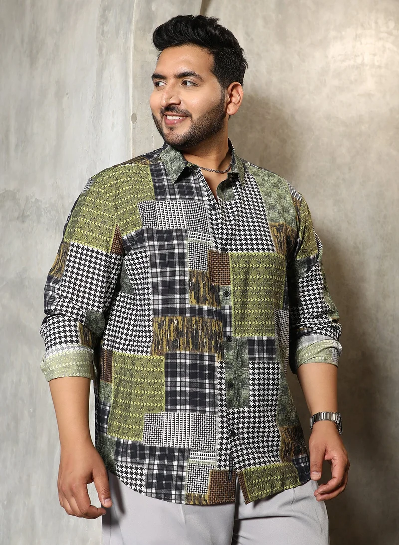 انستافاب بلس قميص رجالي مقاس كبير بنقشة كلاب صيد أخضر زيتوني بياقة ممتدة وأكمام طويلة بأزرار للإغلاق للاستخدام اليومي